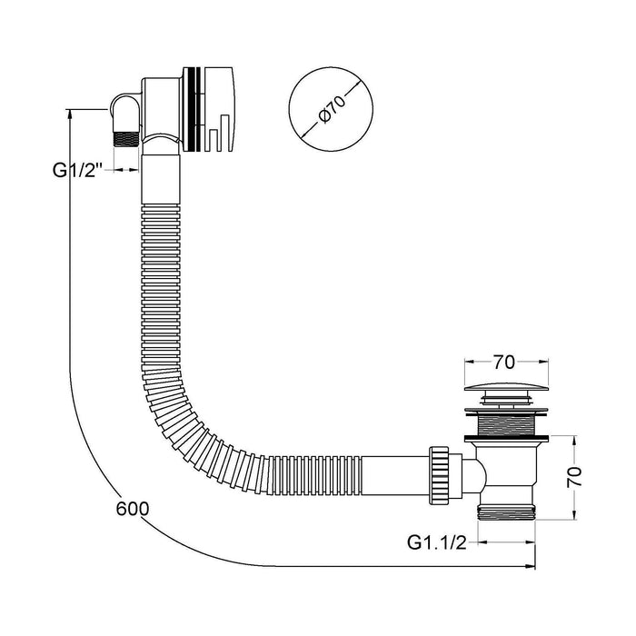 [BAFF316] Balterley Round Bath Filler Tap, Freeflow Design, Brass Build, Precise Control, 70mm x 600mm - Chrome - Technical Drawing