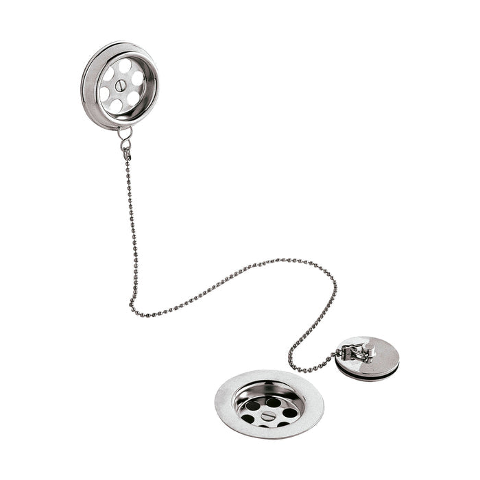 [BABW347] Balterley Round Bath Waste with Overflow, Brass Plug and Ball Chain, for Baths up to 20mm - Chrome - Cutout