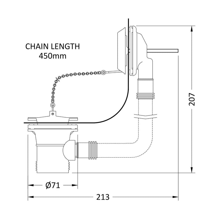 [BABW347] Balterley Round Bath Waste with Overflow, Brass Plug and Ball Chain, for Baths up to 20mm - Chrome - Technical Drawing
