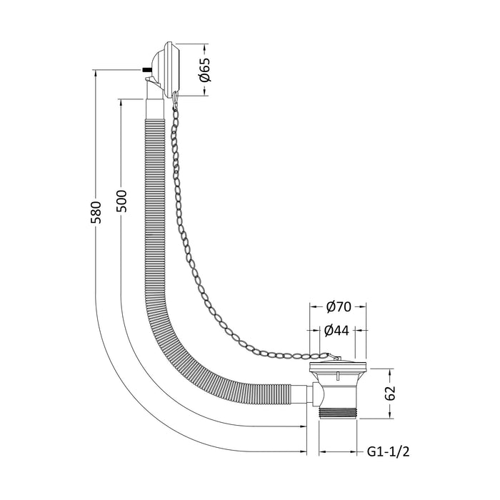 [BABW348] Balterley Round Bath Waste with Overflow, Brass Plug and Link Chain, for Baths up to 20mm - Chrome - Technical Drawing