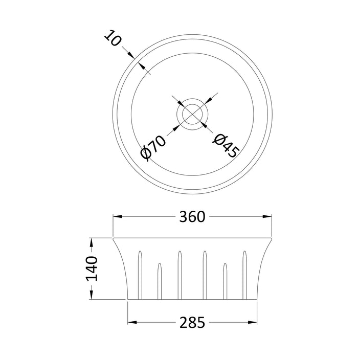 [BCCT167] Balterley Round Bathroom Countertop Basin, Contemporary Style, Sleek Design, White, 360 mm - Technical Drawing