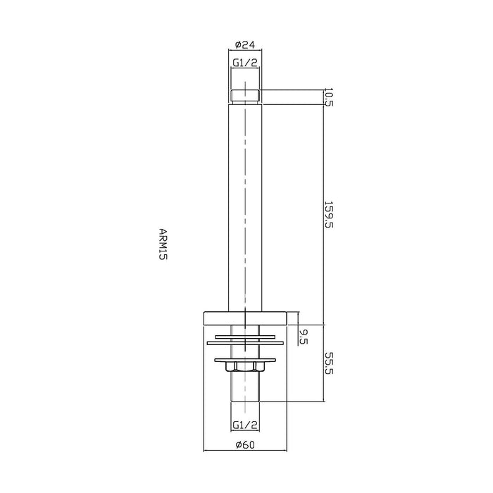 [BSSA415] Balterley Round Ceiling Mount Shower Arm - 150mm - Brushed Pewter - Technical Drawing