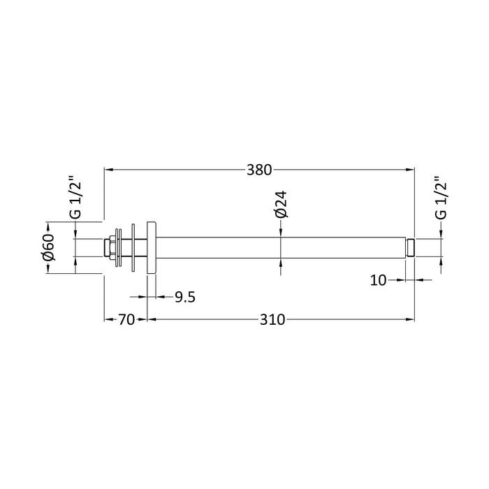 [BSSA016] Balterley Round Ceiling Mount Shower Arm, 300mm, Choice of Finish - Technical Drawing