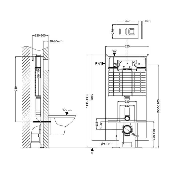 [BACC009S] Balterley Round Dual Flush Concealed Cistern with Wall Hung Frame and Square Push Button Plate - Chrome - Technical Drawing
