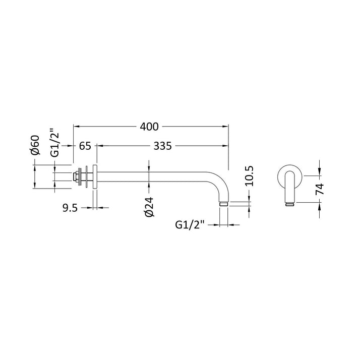 [BSSA401] Balterley Round Wall Mount Shower Arm - 345mm - Chrome - Technical Drawing