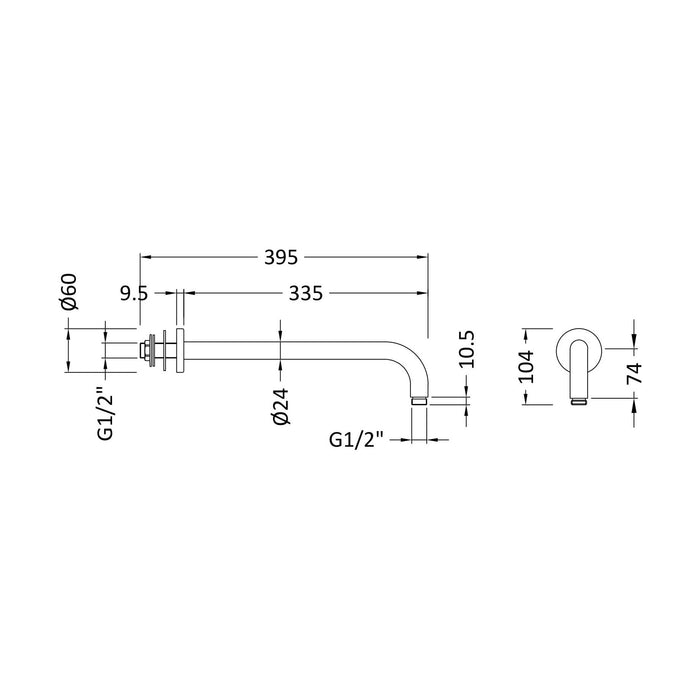 [BSSA701] Balterley Round Wall Mount Shower Arm - 345mm - Chrome - Technical Drawing