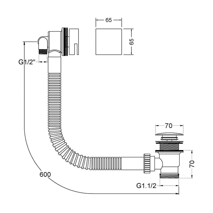 [BAFF317] Balterley Square Bath Filler with Overflow, Brass Build, Modern Control Knob, 70mm x 600mm - Chrome - Technical Drawing