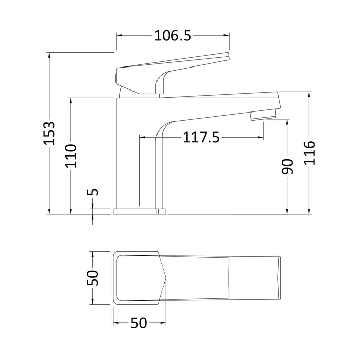 [BTBO305] Balterley Square Mono Basin Mixer Tap & Push Button Waste, Single Lever with Ceramic Disc - Chrome Finish - Technical Drawing