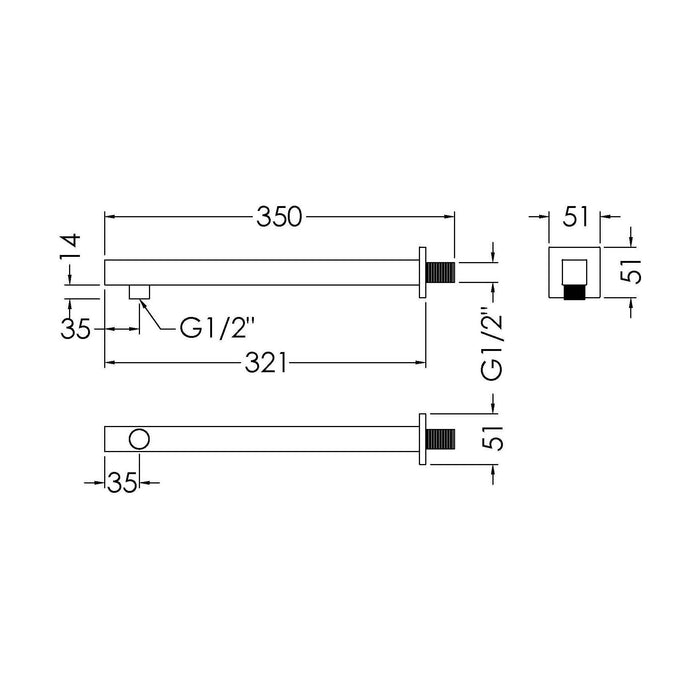 [BSSA019] Balterley Square Wall Mount Shower Arm - 360mm - Chrome - Technical Drawing