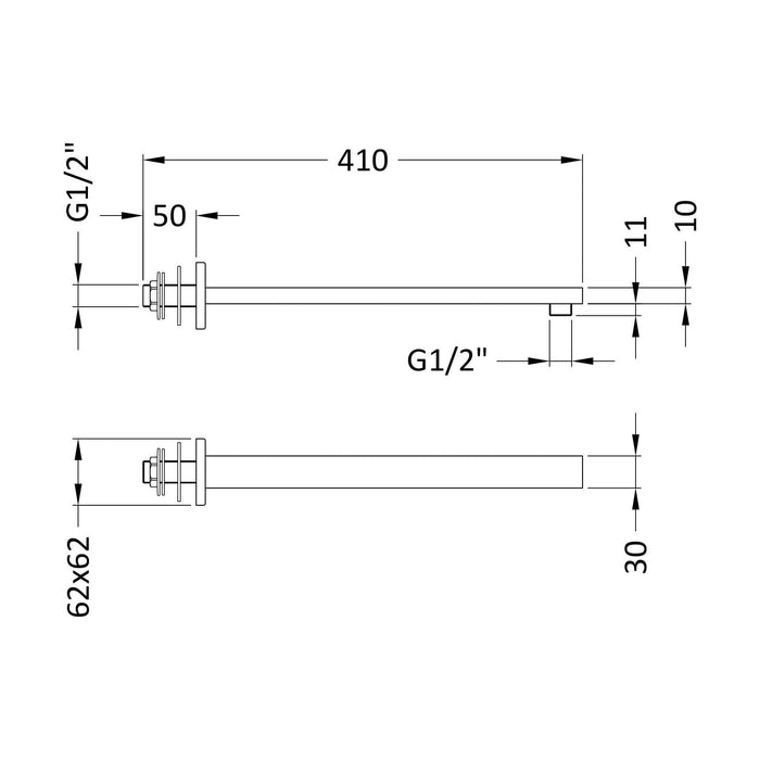 [BSSA713] Balterley Square Wall Mount Shower Arm - 360mm - Chrome - Technical Drawing