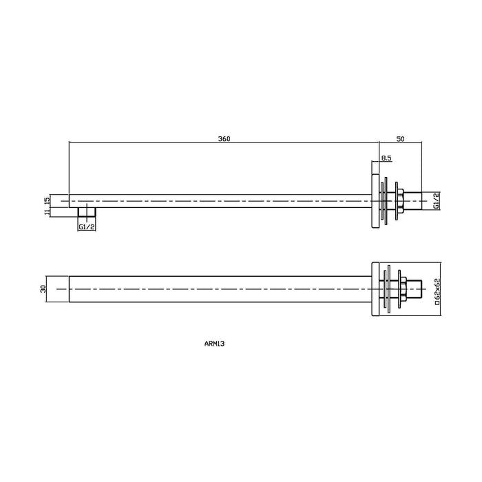 [BSSA813] Balterley Square Wall Mount Shower Arm - 360mm - Chrome - Technical Drawing