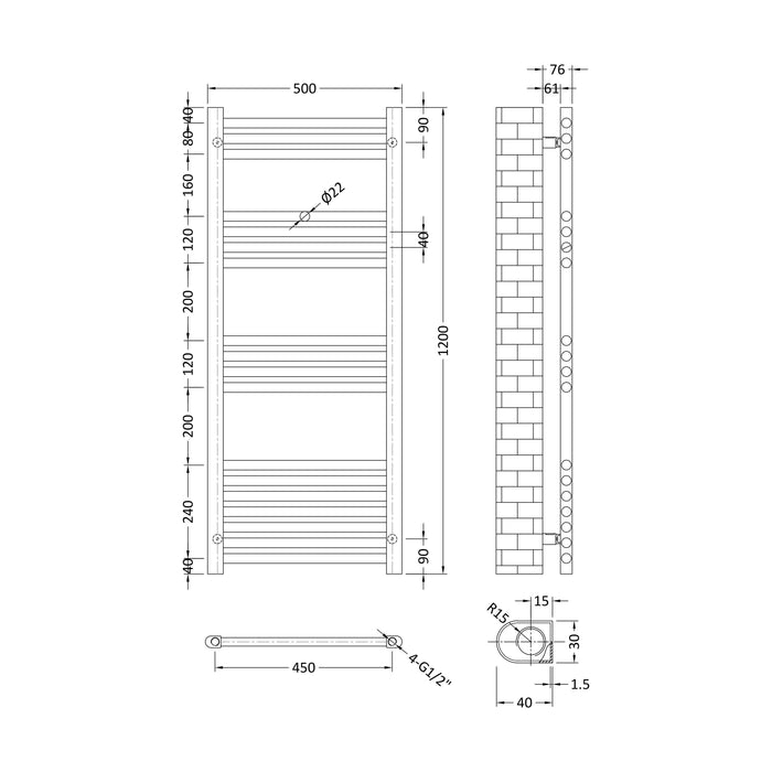 [BHSL95012] Balterley Straight Towel Radiator - 1200 x 500mm - Technical Drawing