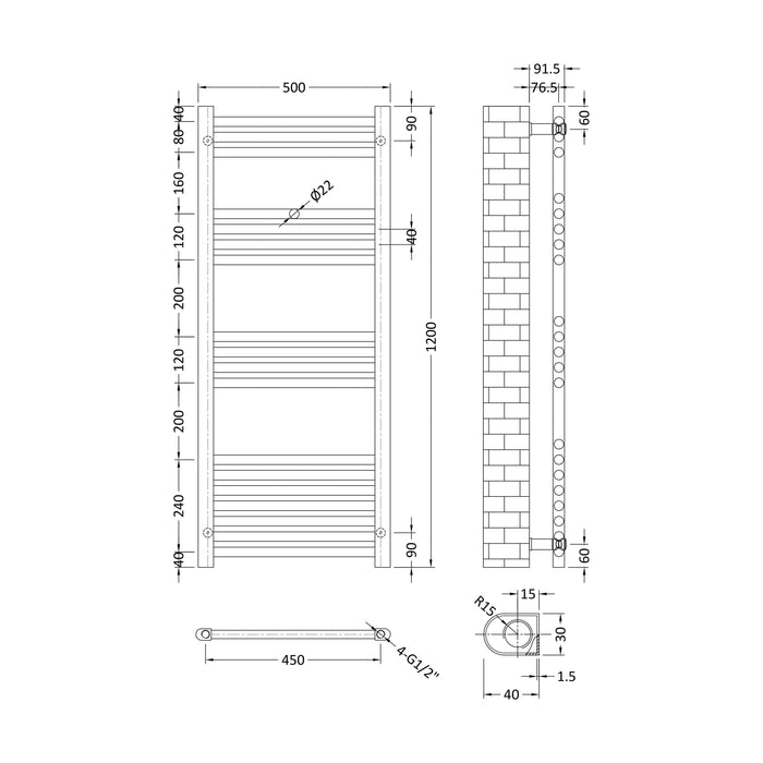 [BHSL85012] Balterley Straight Towel Radiator - 1200 x 500mm - Technical Drawing