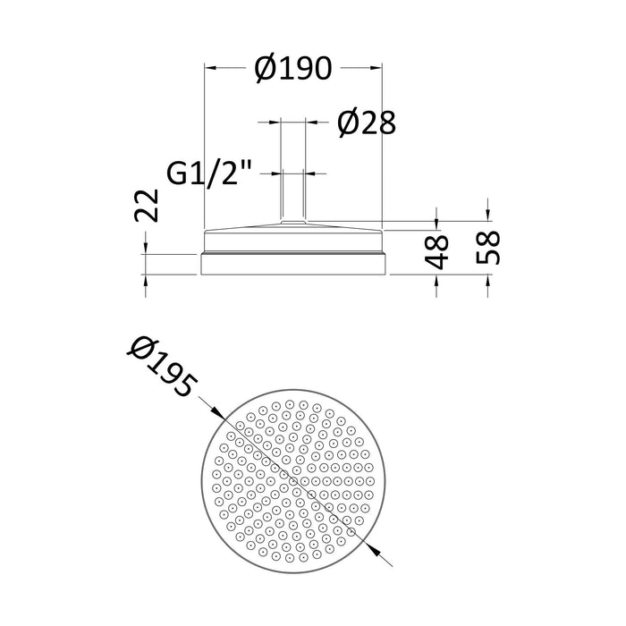 [BSSH001] Balterley Traditional Apron Fixed Shower Head 200mm, Round Design with Excellent Flow Rate - Chrome Finish - Technical Drawing