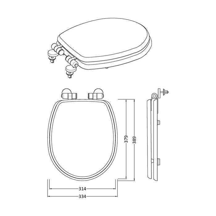 [BFCL197] Balterley Traditional Bathroom Soft Close Wooden Toilet Seat, Gloss White, 371mm - Technical Drawing