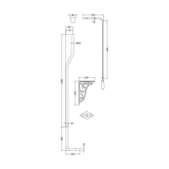 [BAFP313] Balterley Traditional Ceramic Accessories High Level Flush Pipe Pack - Chrome/White - Technical Drawing