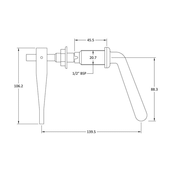 [BALE355] Balterley Universal Metal Toilet Cistern Lever, Solid Brass Flush Handle Replacement - Chrome Finish - Technical Drawing
