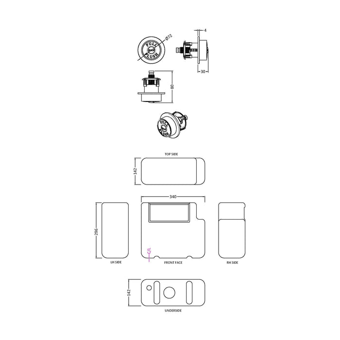 [BCC8T01B] Balterley Universal Water Saving Dual Flush Bottom Inlet with Traditional Push Button - Technical Drawing