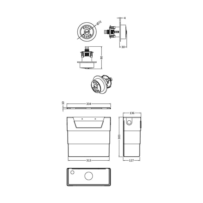 [BCC6T03] Balterley Universal Water Saving Dual Flush Side Inlet with Traditional Push Button - Technical Drawing