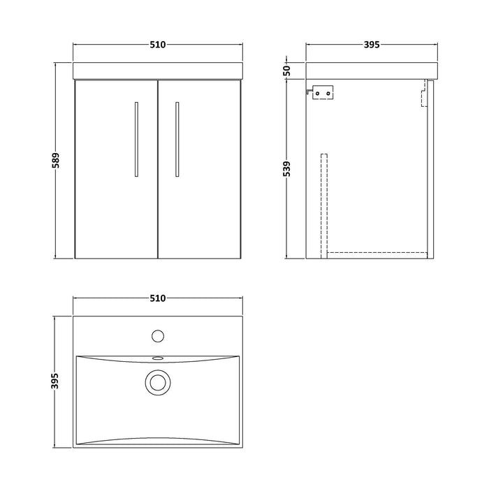[BFLE2921D] Balterley  Wall Hung 2 Soft Close Door & Bathroom Vanity Unit Basin, Midnight Blue, 500mm - Technical Drawing