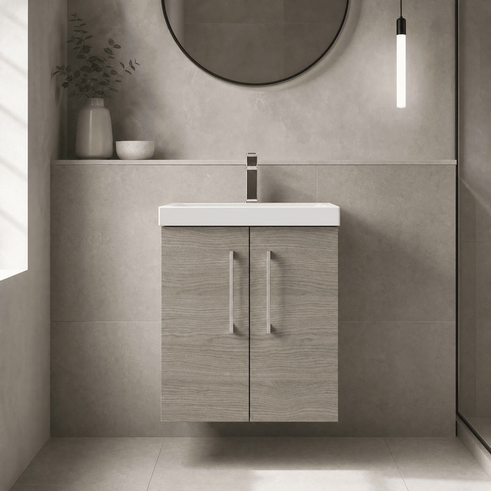 [BFLE2521D] Balterley  Wall Hung 2 Soft Close Door & Thin-Edge Bathroom Vanity Unit Basin, Solace Oak, 500 mm - Lifestyle 1