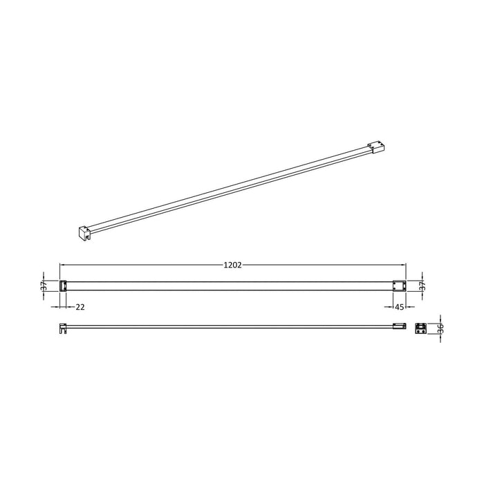 [BLFIX070] Balterley Wetroom Screen Support Bar (for use with 1950mm High Wetroom Screens) - Brushed Pewter - Technical Drawing