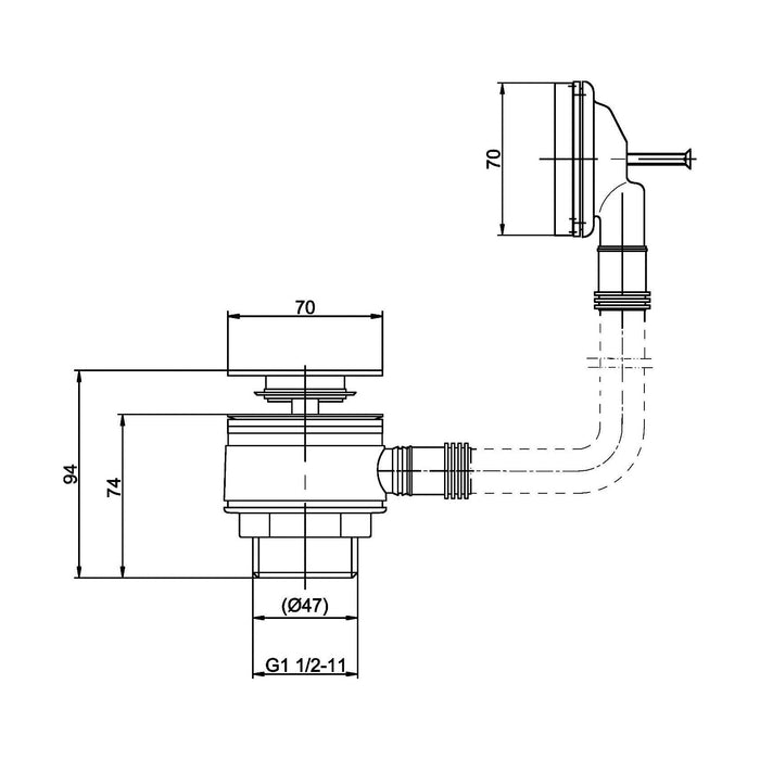[BABW308] Bath Push Button Waste with Square Overflow for Baths up to 10mm Thick - Chrome - Technical Drawing
