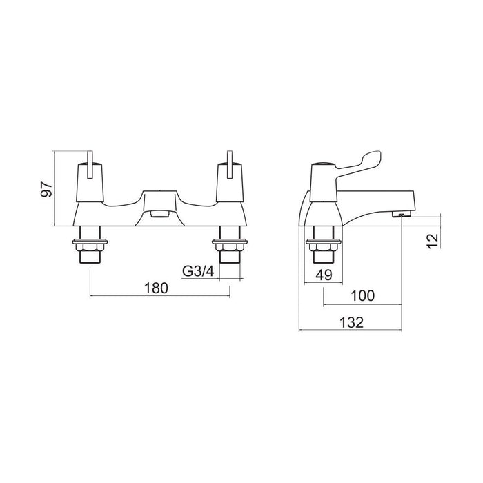 [BTLEV05] Contemporary Bathroom Bath Filler Tap – Lever Handles, 110 x 154mm, Chrome - Technical Drawing