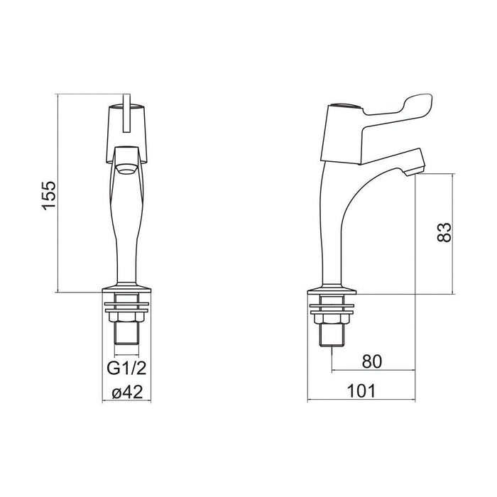 [BTLEV02] Contemporary Bathroom Bath Pillar Taps – Lever Handles, 110 x 154mm, Chrome - Technical Drawing