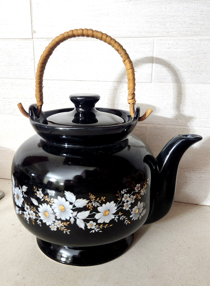 Beit Hayotzer Black Ceramic Teapot with Daisies & Bamboo Handle