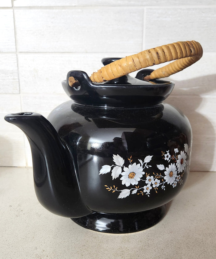 Beit Hayotzer Black Ceramic Teapot with Daisies & Bamboo Handle
