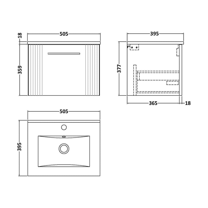 [BFPF1491B] Belvide Retro Partial Fluted 1 Drawer Wall Hung Vanity Basin Unit with Minimalist Basin, Choice of Size and Colour - Technical Drawing