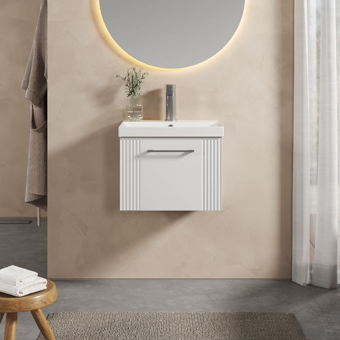 [BFPF191D] Partial Fluted 1 Drawer Wall Hung Vanity Unit with 1 Tap Hole Thin-Edge Basin- 500mm - Satin White - Lifestyle 1