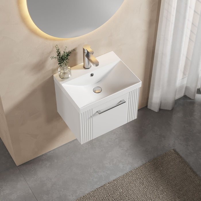 [BFPF191D] Partial Fluted 1 Drawer Wall Hung Vanity Unit with 1 Tap Hole Thin-Edge Basin- 500mm - Satin White - Lifestyle 2