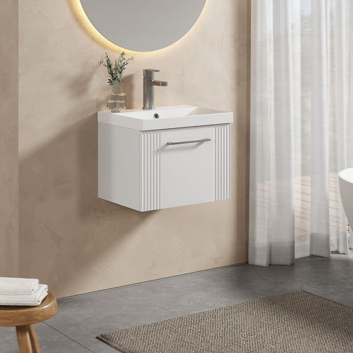 [BFPF191D] Partial Fluted 1 Drawer Wall Hung Vanity Unit with 1 Tap Hole Thin-Edge Basin- 500mm - Satin White - Lifestyle 3