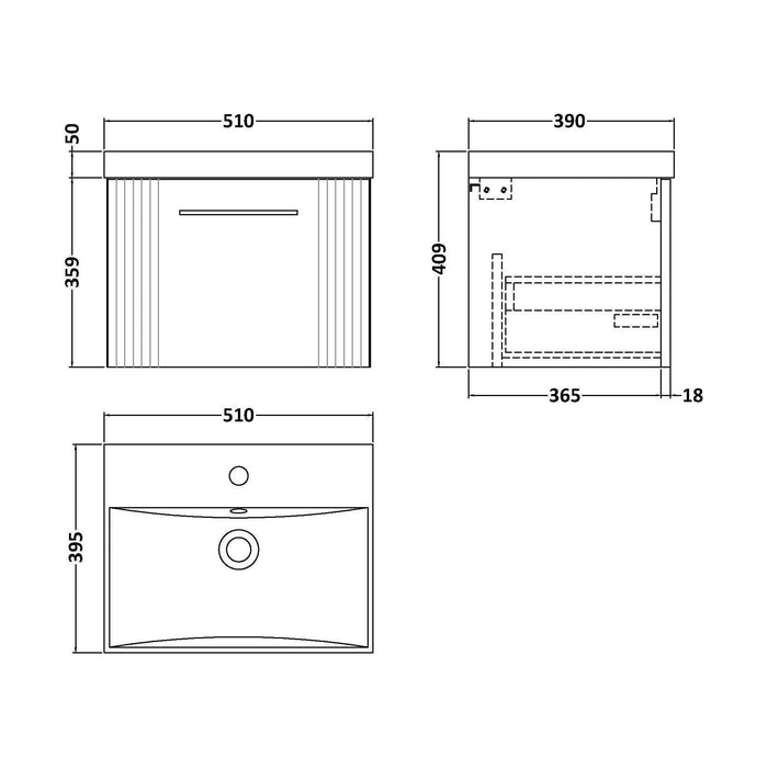 [BFPF191D] Partial Fluted 1 Drawer Wall Hung Vanity Unit with 1 Tap Hole Thin-Edge Basin- 500mm - Satin White - Technical Drawing