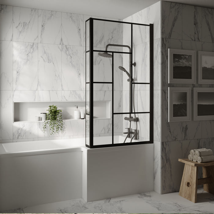 [BBSCBS7BB] Black Reversible Square L Shape 6mm Toughened Safety Glass Bath Screen, 1430 x 808 x 150mm - Lifestyle 1