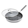 GreenPan 12-inch black nonstick frypan with glass lid, lid partially open, on a white background.