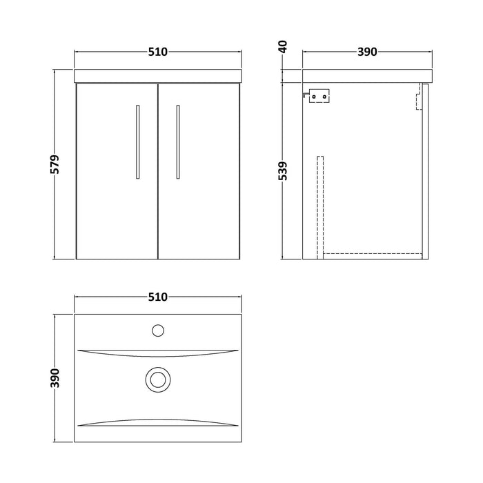 [BFLE121A] Bramshall Contemporary 2 Door Wall Hung Vanity Basin Unit with Mid-Edge Basin, Choice of Size and Colour - Line Drawing