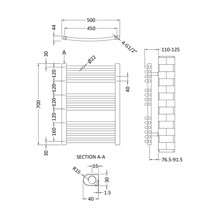 [BHCL385] Brewood Contemporary Heated Vertical Towel Rail with Curved Rails, Chrome, Choice of Size - Technical Drawing
