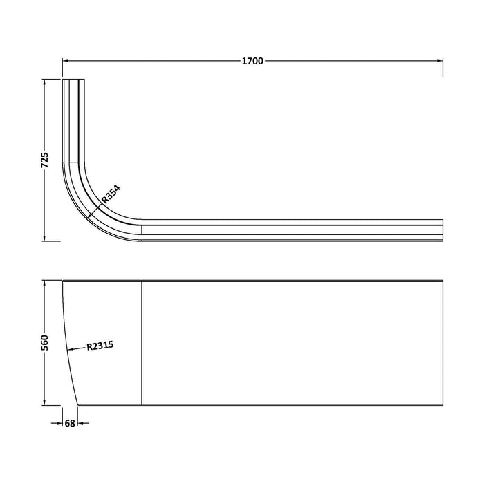 [BBPA209R] BTW J Corner Bath Panel RH - Technical Drawing