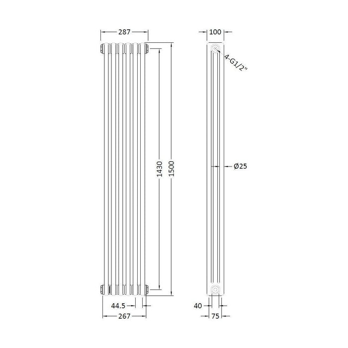 [BHHA308] Triple Column Traditional Radiator 1500 x 287mm, High Gloss White - Technical Drawing
