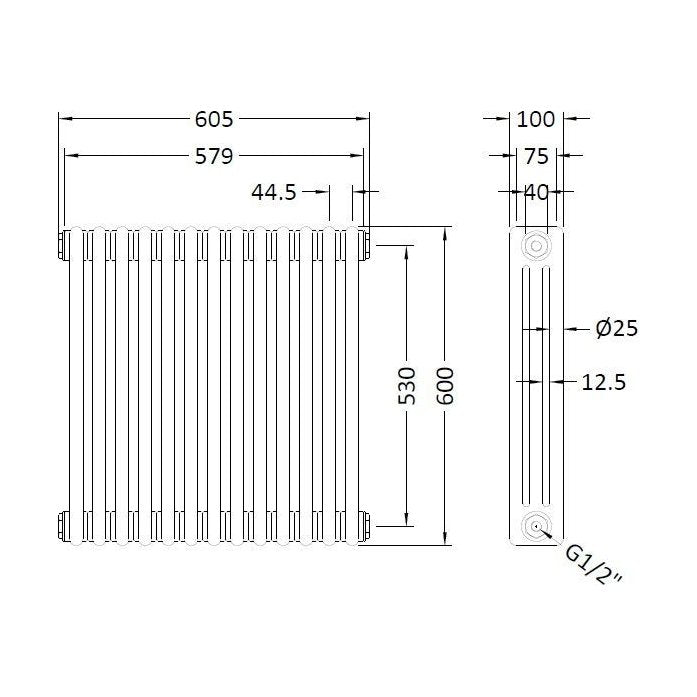 [BHHA304] Triple Column Traditional Radiator 600 x 605mm, High Gloss White - Technical Drawing