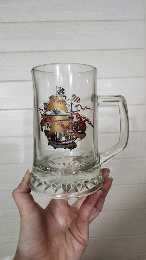 -Century Glass Beer Mug with Golden Sailing Ship & Coat of Arms Decal