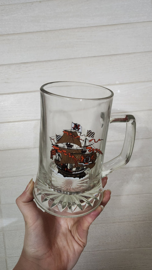 -Century Glass Beer Mug with Golden Sailing Ship & Coat of Arms Decal