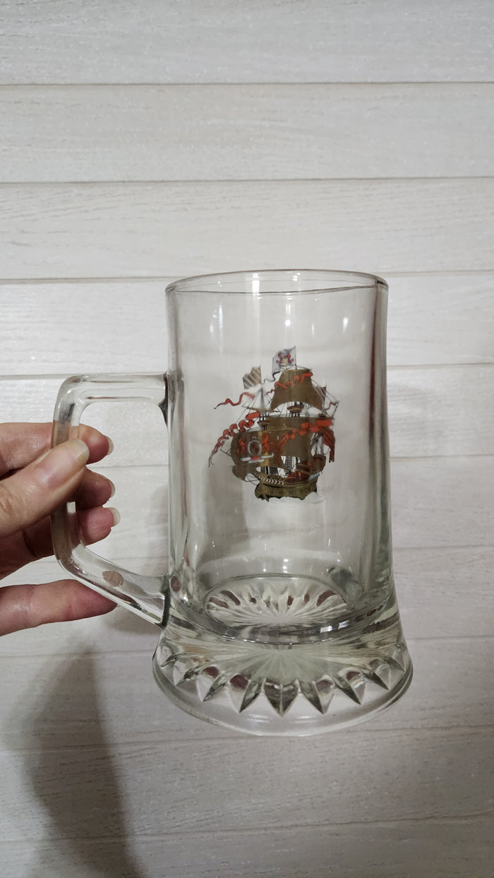 -Century Glass Beer Mug with Golden Sailing Ship & Coat of Arms Decal