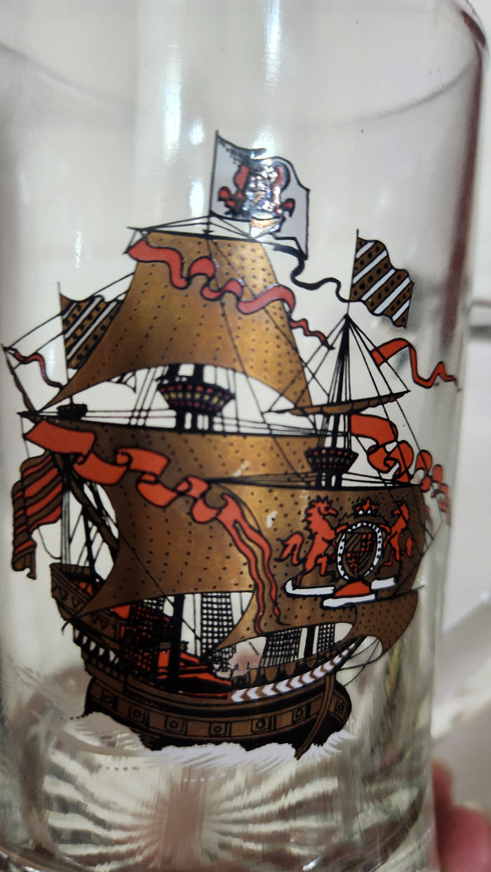 -Century Glass Beer Mug with Golden Sailing Ship & Coat of Arms Decal