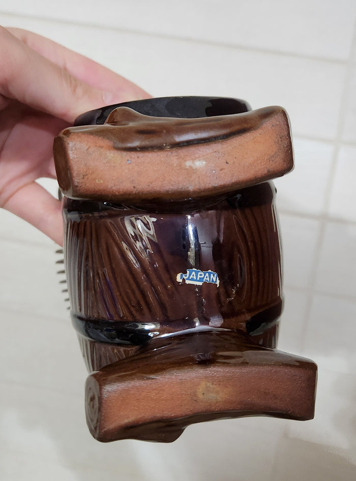 Ceramic Beer Barrel Ashtray with Metal Wire Handle