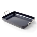 Dark gray ceramic nonstick 13.8″ x 10″ rectangular roasting pan with silver side handles.