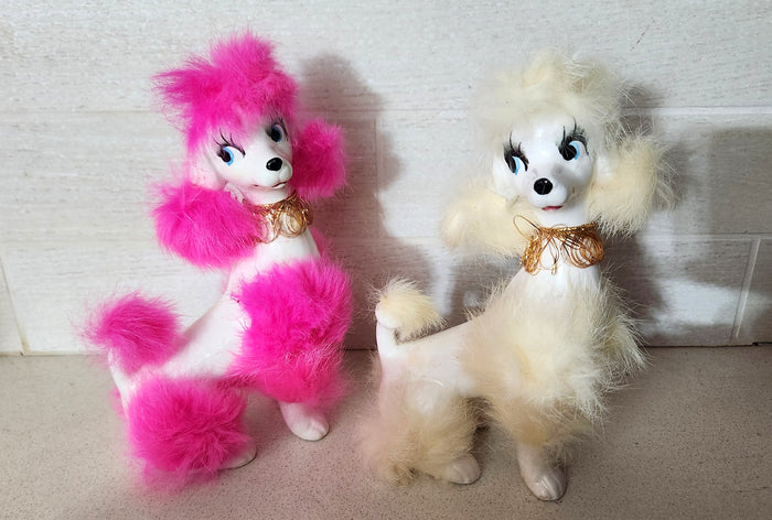 Ceramic Poodle Figurines with Pink and White Faux Fur